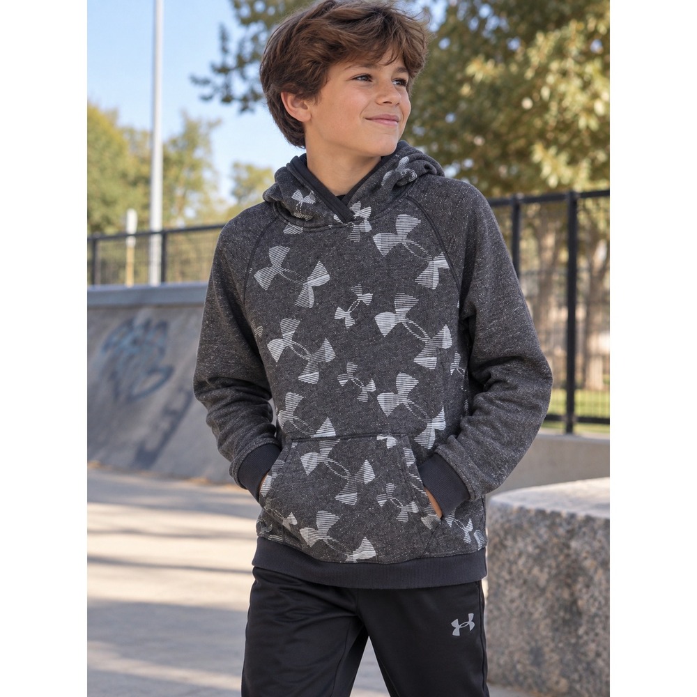 Under Armour Boys Charcoal Grey Heathered Logo Print Pullover Hoodie Size YXL